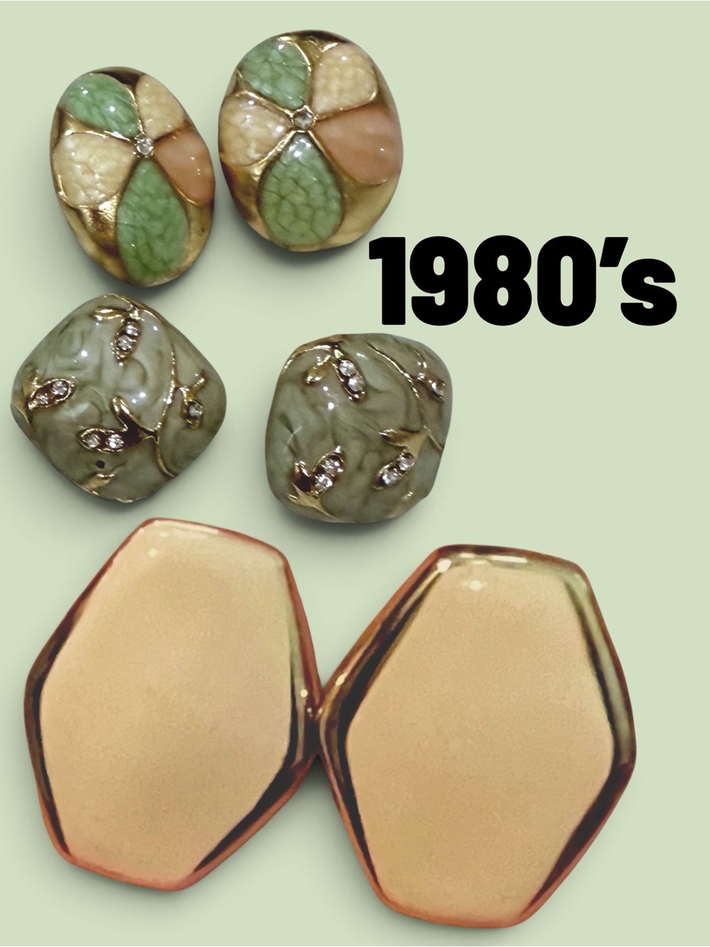 1980s vintage pierced earrings bundle, neutral beige sage pink goldtone studs